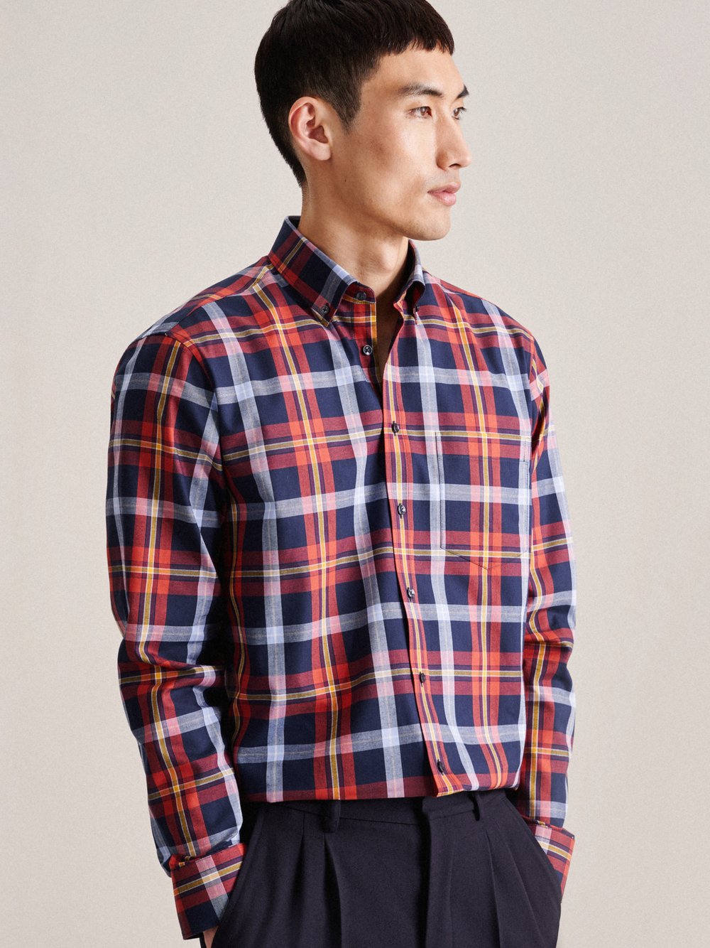 Seidensticker Flanellhemd Herren Regular Fit Baumwolle gelb kariert, 43