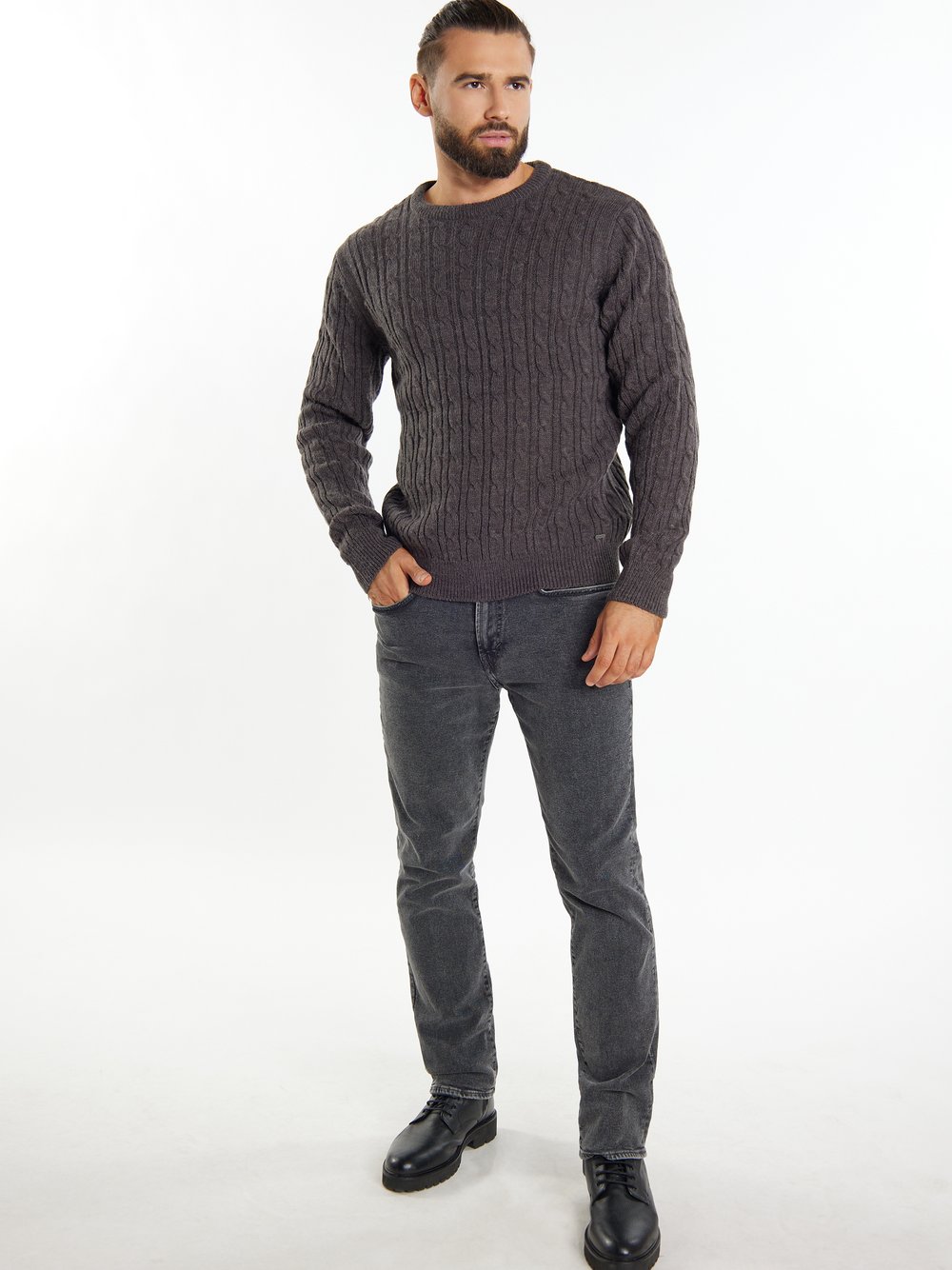 Dreimaster Strickpullover Herren grau gemustert, M