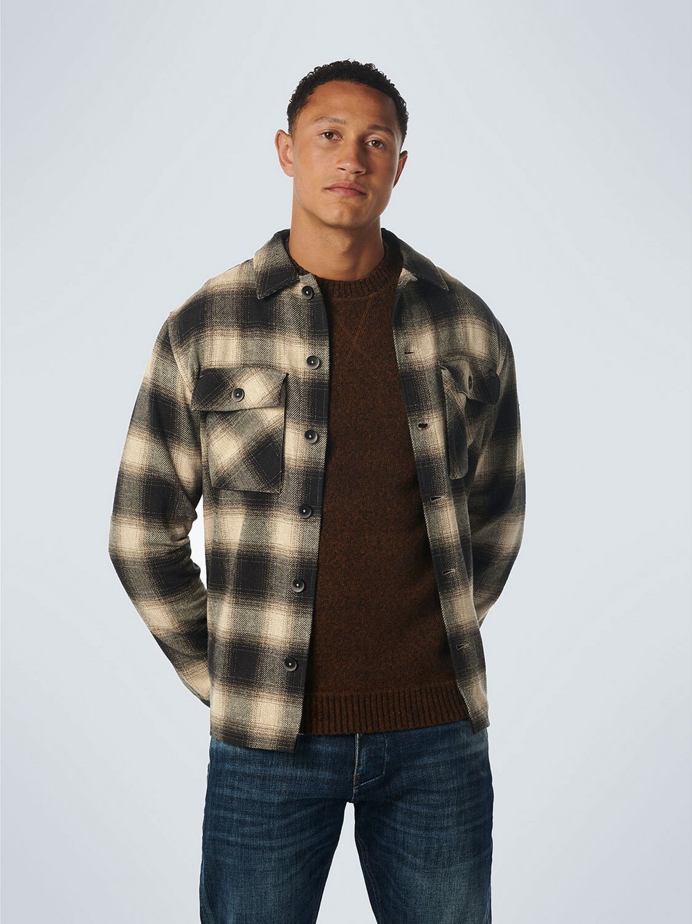 No Excess Überhemd Herren Regular Fit Baumwolle beige kariert, L