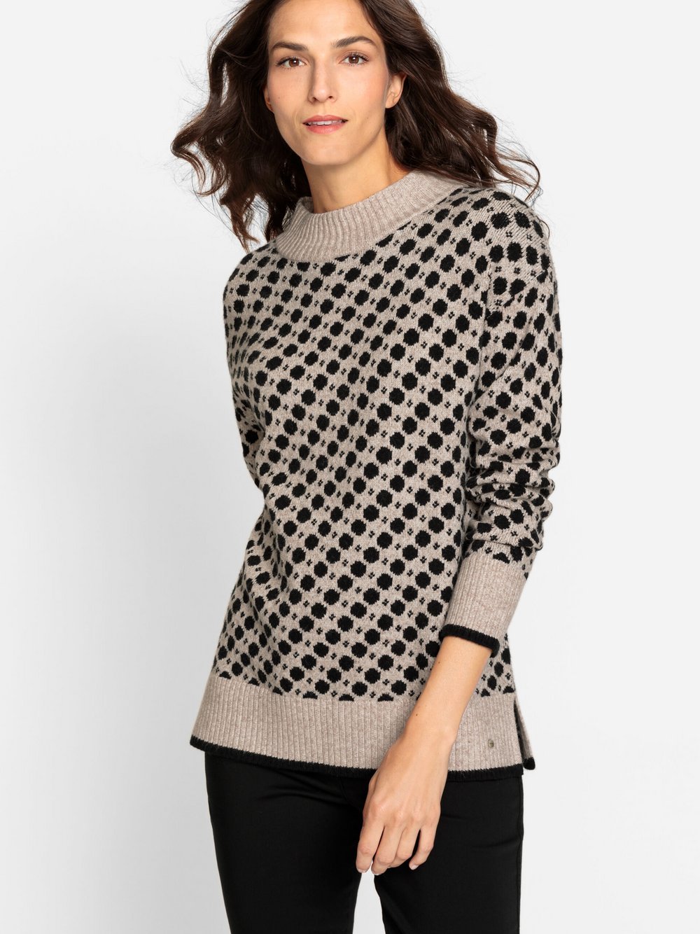 Olsen Pullover Pullover mit Stehkragen Damen Viskose beige gepunktet, 42
