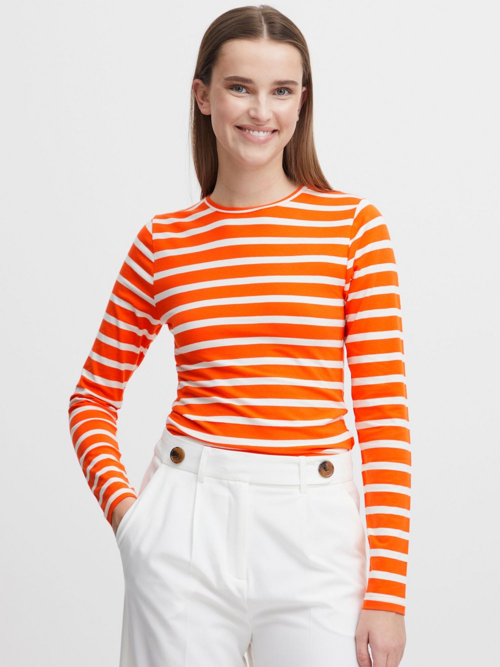 B.Young Longsleeve Damen orange gestreift, M