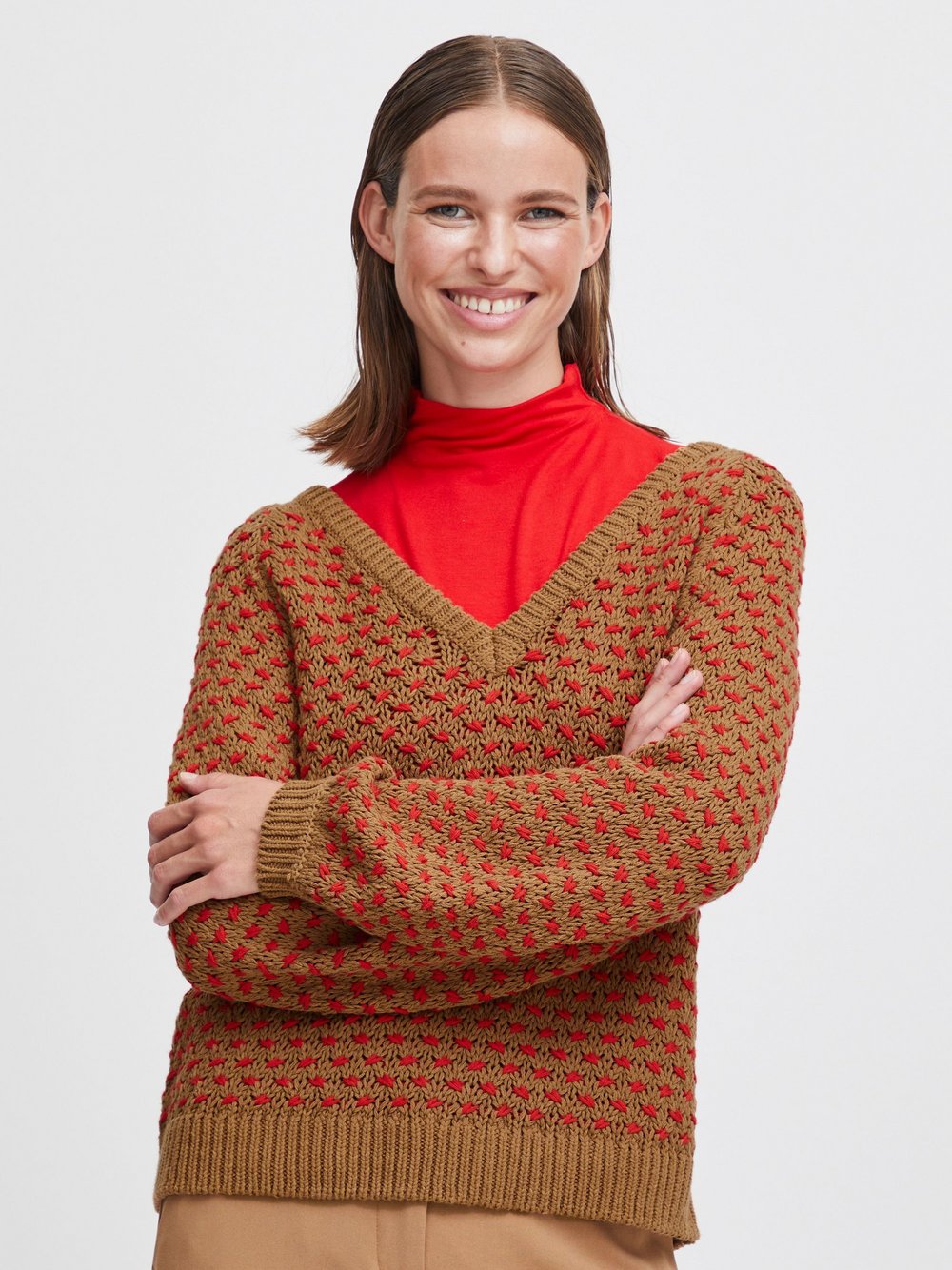 B.Young Strickpullover Damen Baumwolle braun gemustert, L