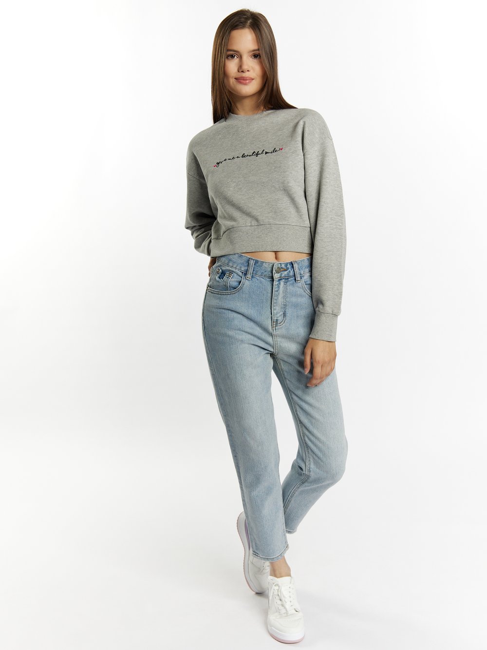 MyMo Sweatshirt cropped Damen Baumwolle grau meliert, M