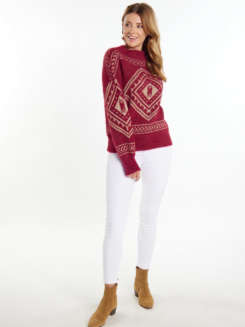 Usha Strick Pullover Damen Viskose rot gemustert, M/L