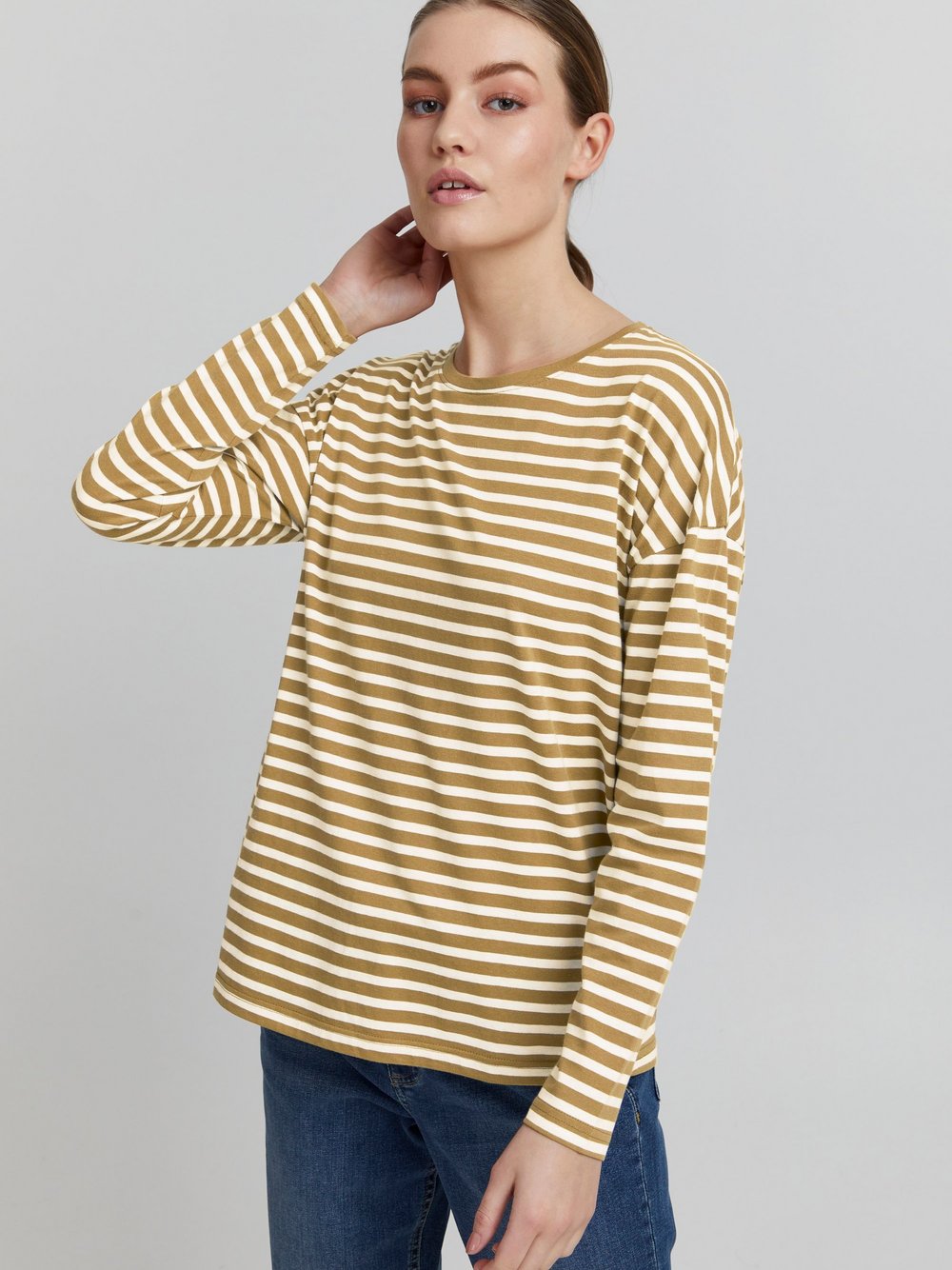 OXMO Longsleeve Damen Baumwolle beige gestreift, XS