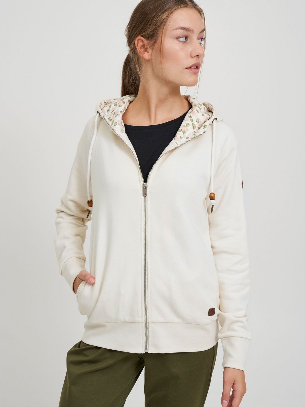 OXMO Kapuzensweatjacke Damen beige gemustert, XS