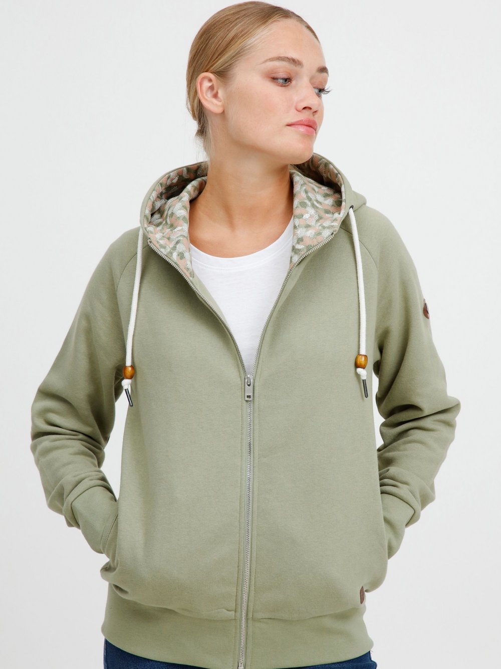 OXMO Kapuzensweatjacke Damen grün gemustert, XS