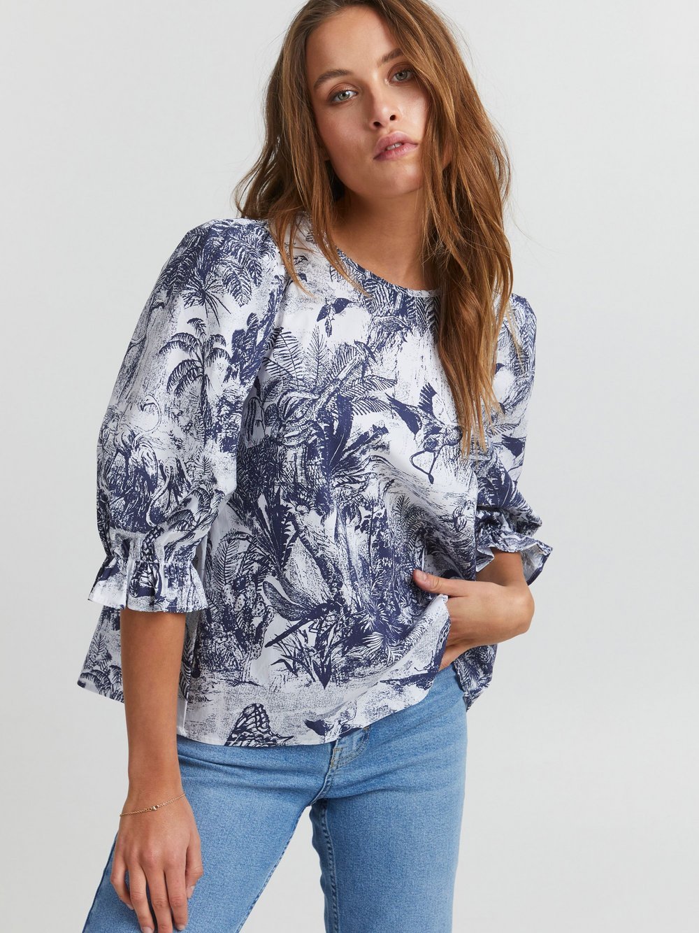 PULZ Jeans Shirtbluse Damen Baumwolle blau gemustert, S