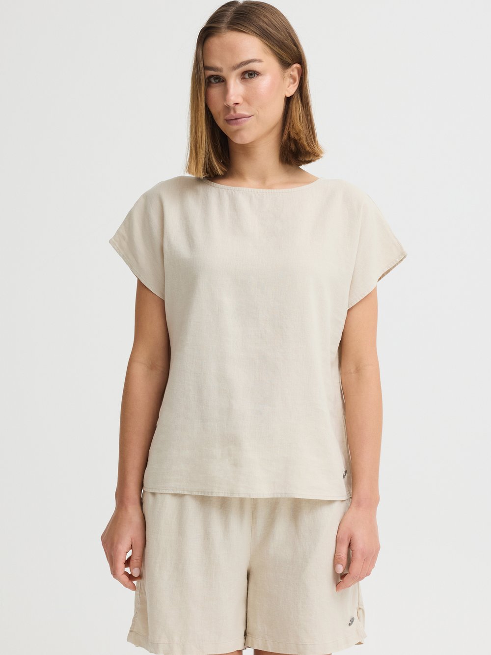 OXMO Kurzarmbluse Damen Leinen beige, 40