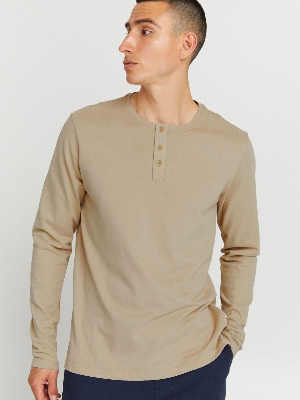 Solid Langarmshirt Herren Baumwolle beige, XXXL