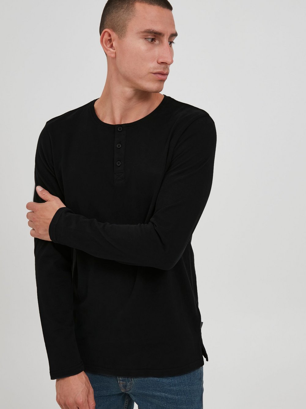 Solid Langarmshirt Herren Baumwolle schwarz, S