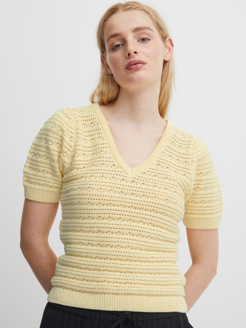 Ichi Strickpullover Damen Baumwolle gelb strukturiert, S