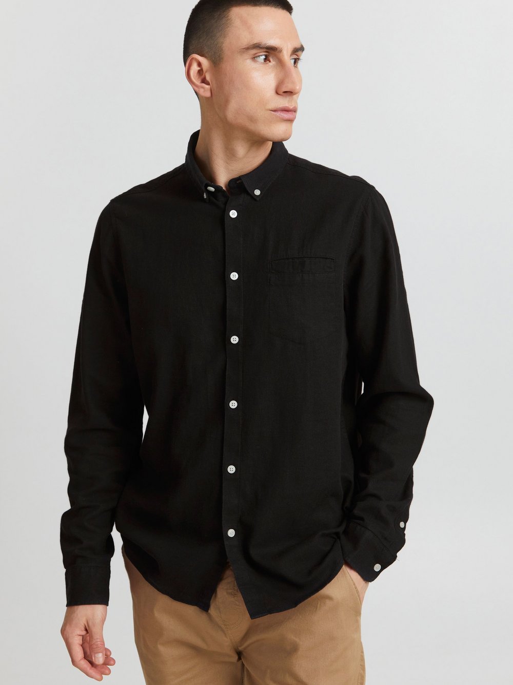 Solid Langarmhemd Herren Regular Fit schwarz, XL