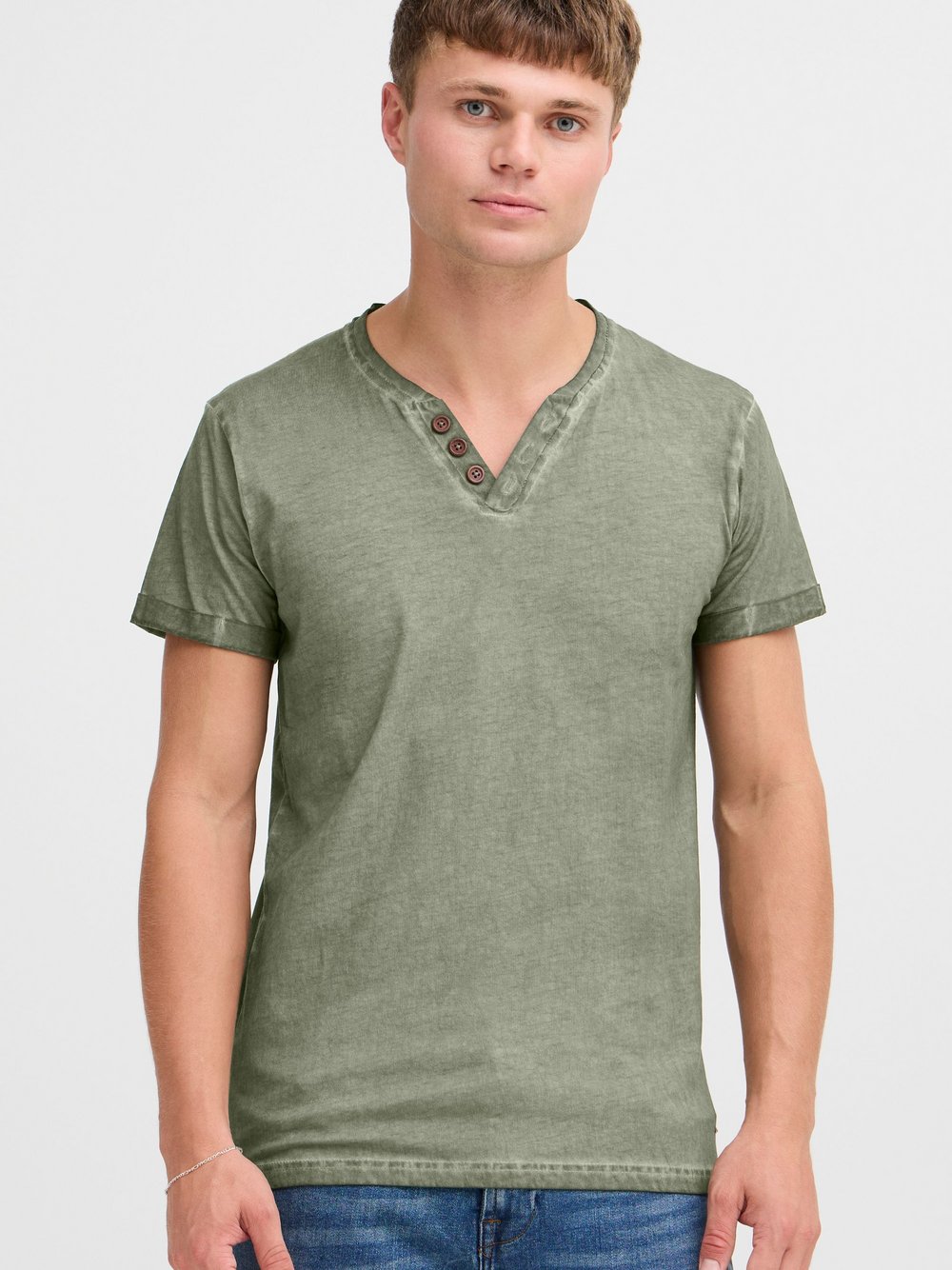 Thumbnail - Solid Rundhalsshirt Herren Baumwolle grün gemustert, M