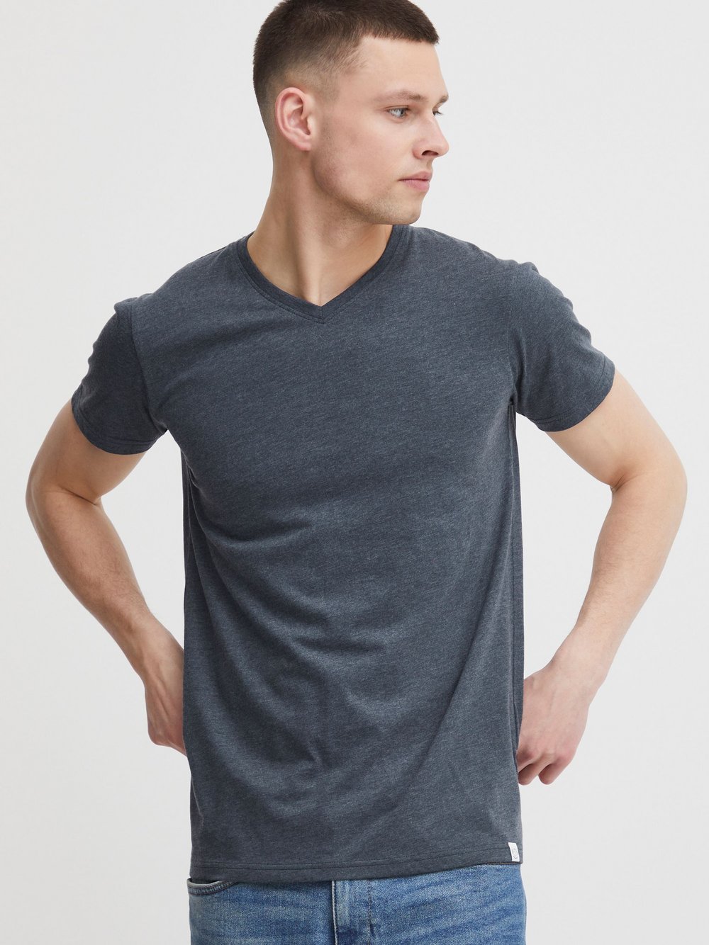 Solid V-Shirt Herren Baumwolle blau, S