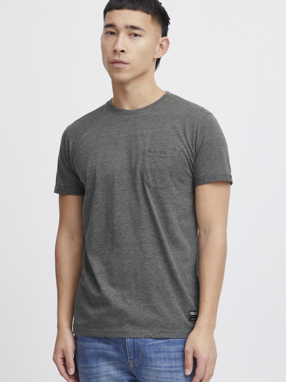 Solid Rundhalsshirt Herren Baumwolle grau, M