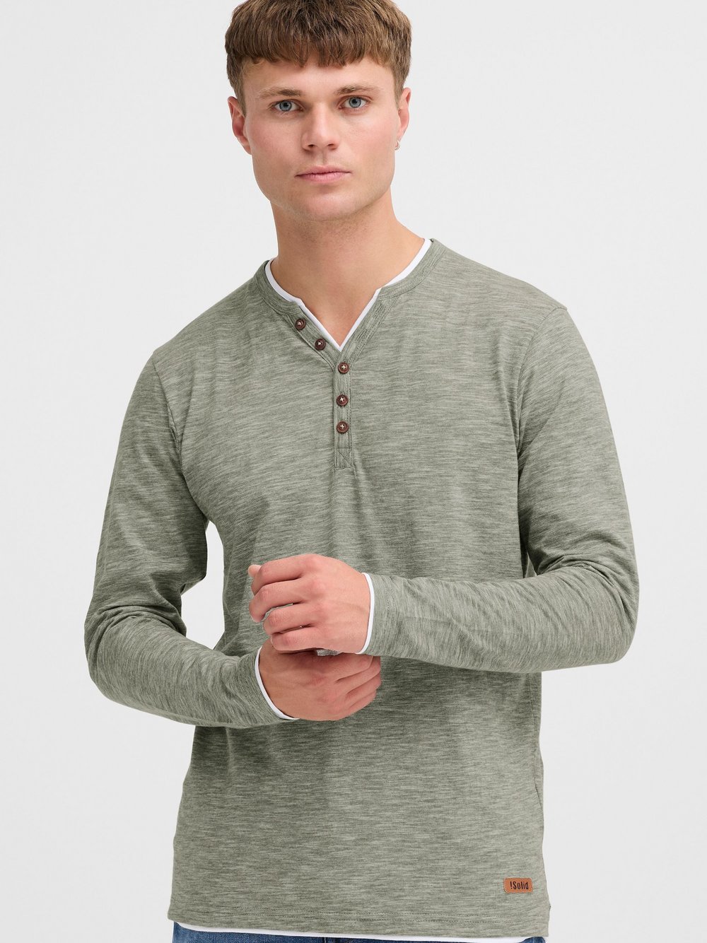 Thumbnail - Solid Langarmshirt Herren Baumwolle grün meliert, M