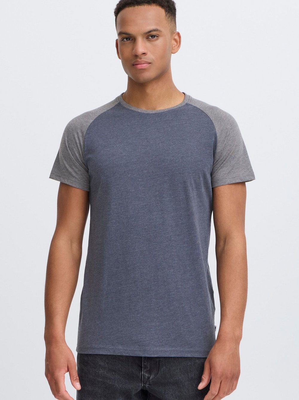 Solid Rundhalsshirt Herren Baumwolle blau meliert, XXL