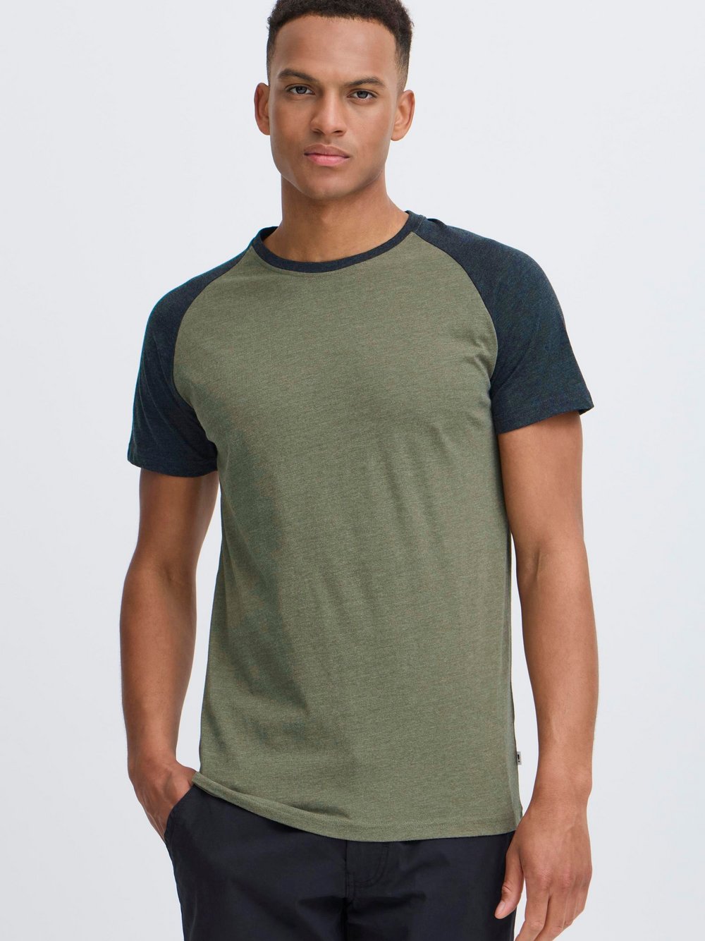 Solid Rundhalsshirt Herren Baumwolle grün meliert, XXL