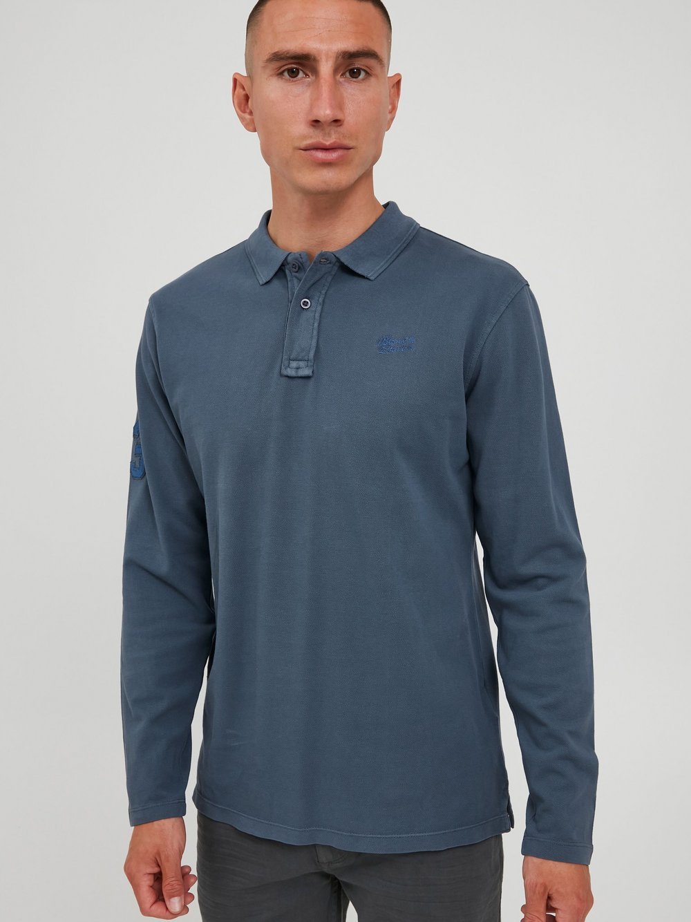 BLEND Langarm-Poloshirt Herren Baumwolle blau, M