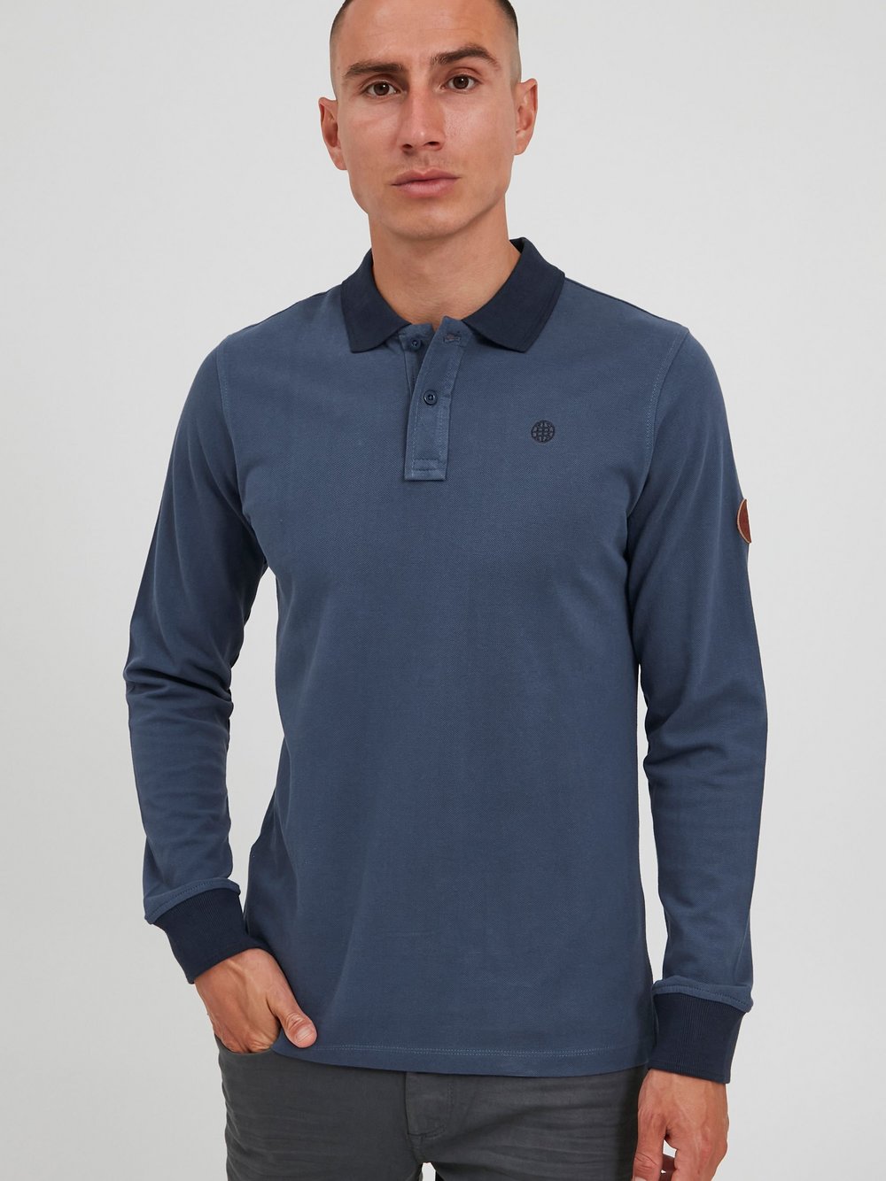 BLEND Langarm-Poloshirt Herren Baumwolle blau, M