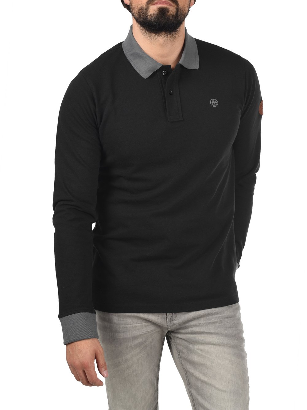 BLEND Langarm-Poloshirt Herren Baumwolle schwarz, L