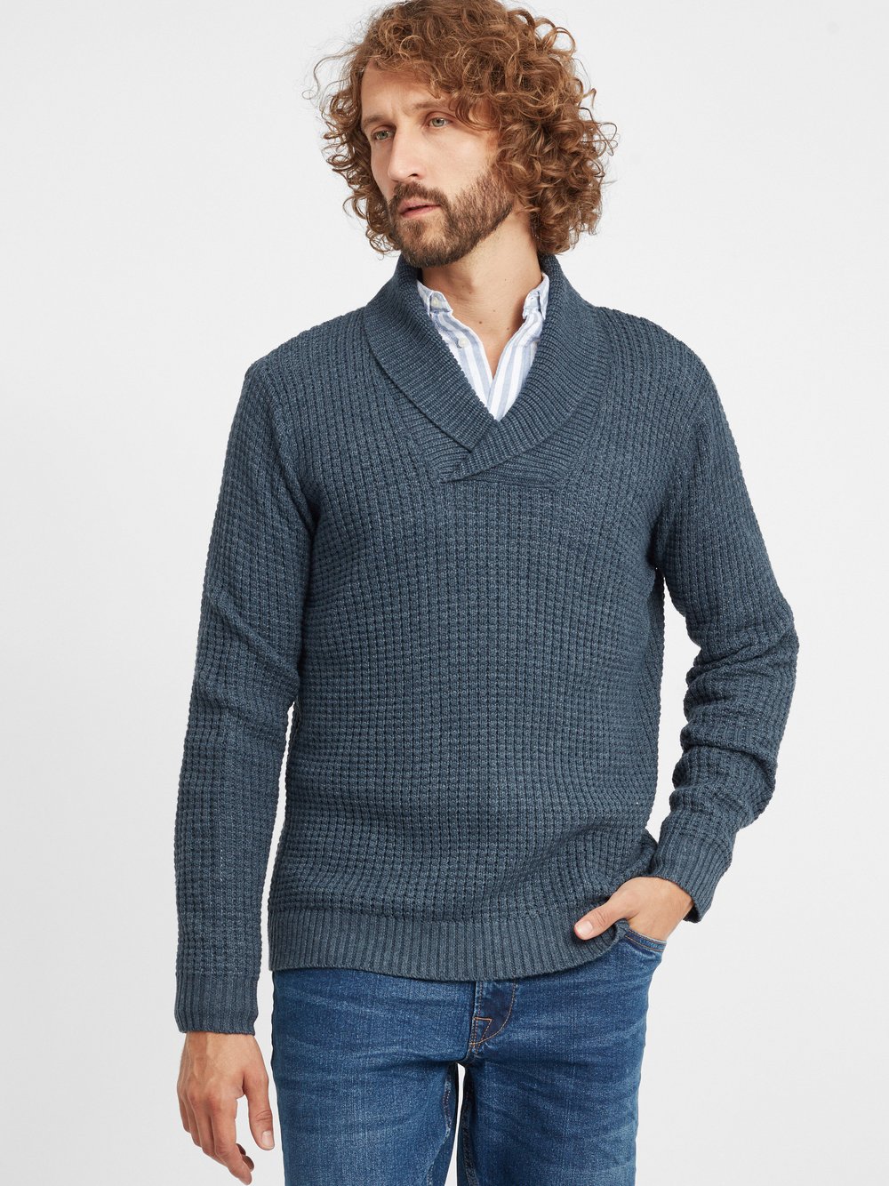 Solid Strickpullover Herren Baumwolle blau, L