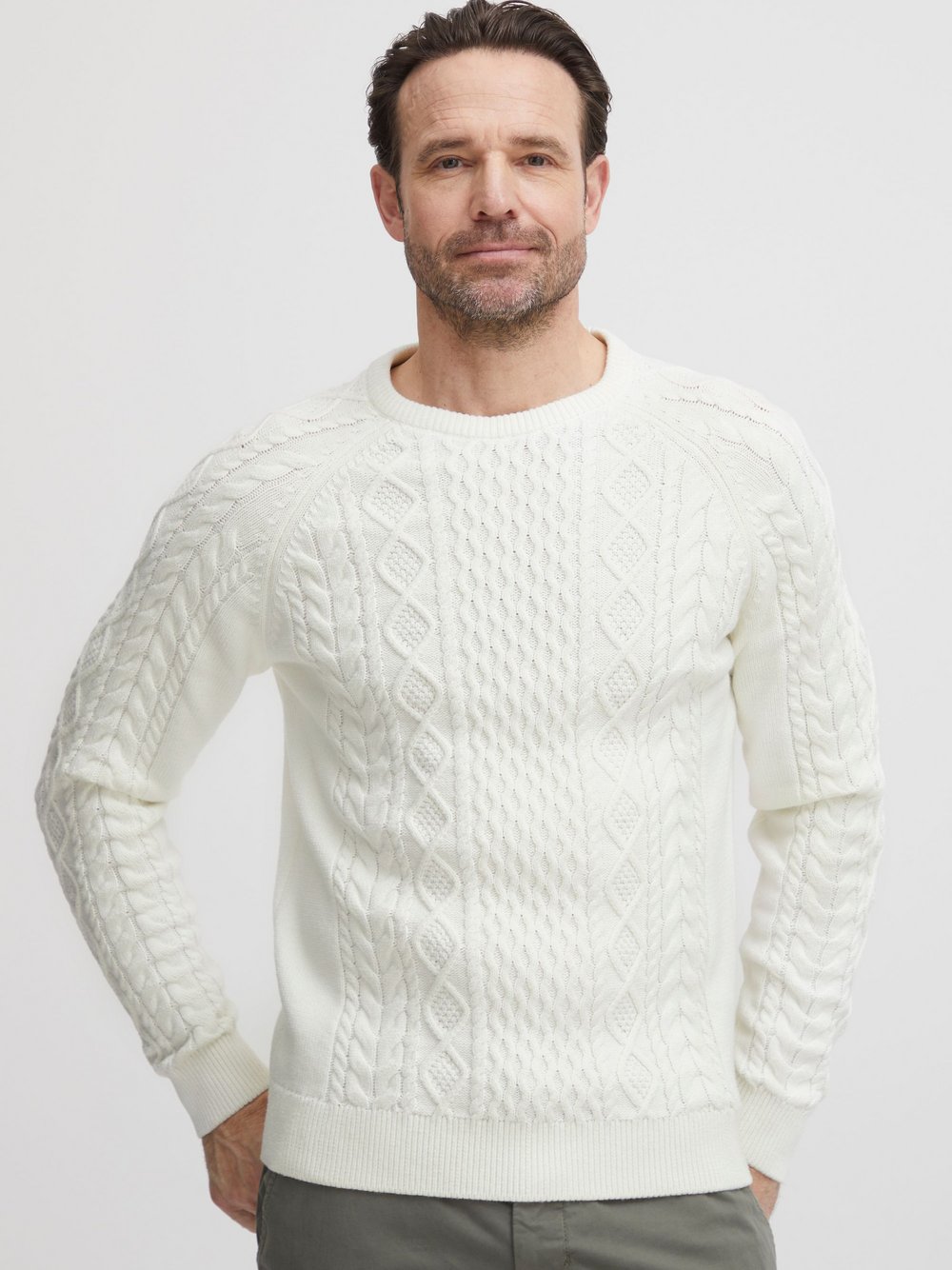 FQ1924 Strickpullover Herren Grobstrick weiß gemustert, L