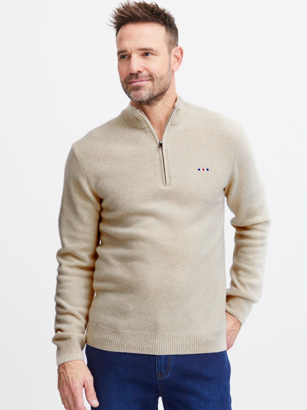 FQ1924 Wollpullover Herren Wolle beige, L