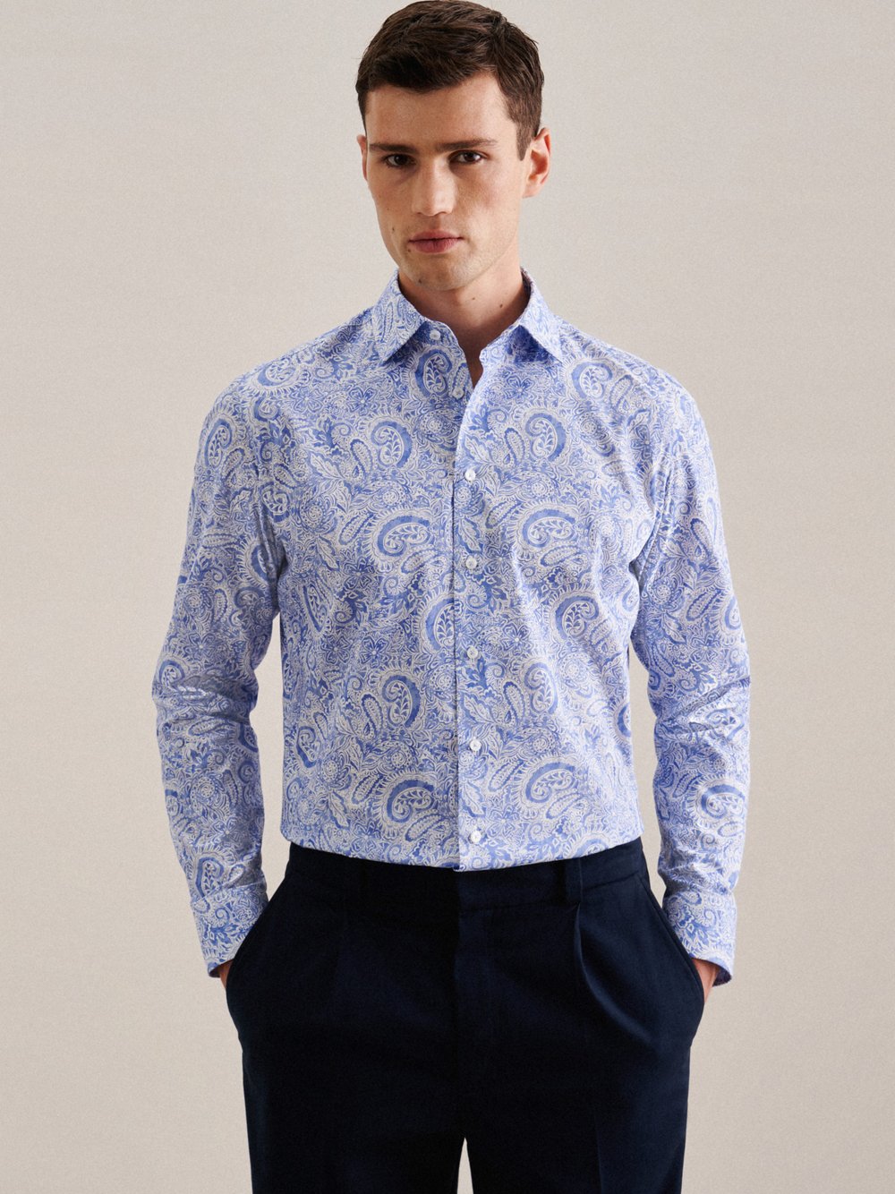 Thumbnail - Seidensticker Business Hemd Herren Slim Fit Baumwolle blau gemustert, 42