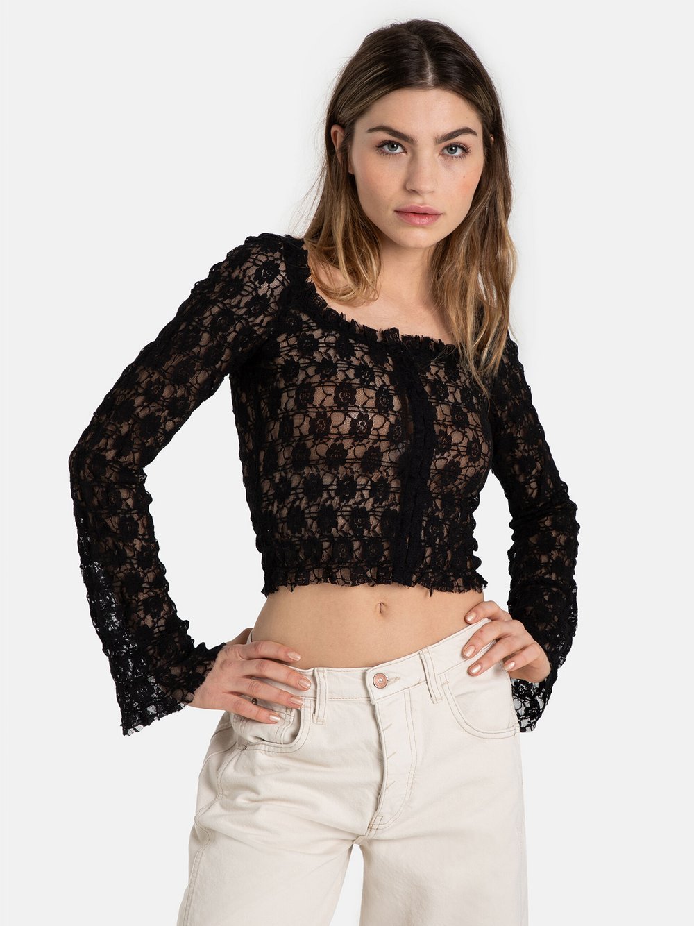 Free People Bluse Damen Polyamid schwarz gemustert, S