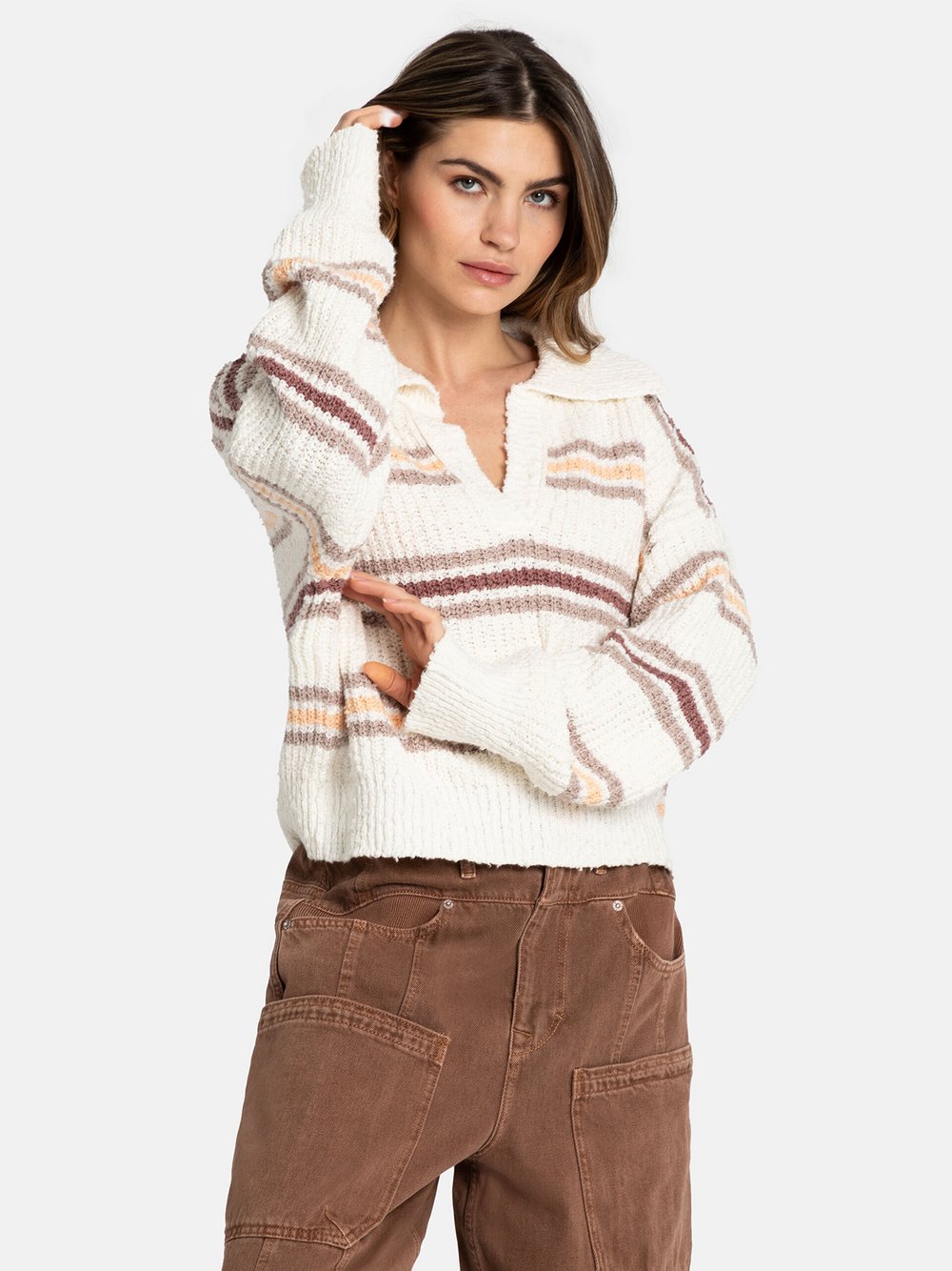 Free People Pullover Damen Baumwolle beige gestreift, M