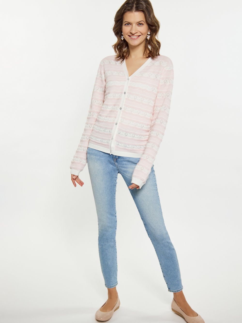 Usha Cardigan Damen Baumwolle rosa gestreift, L