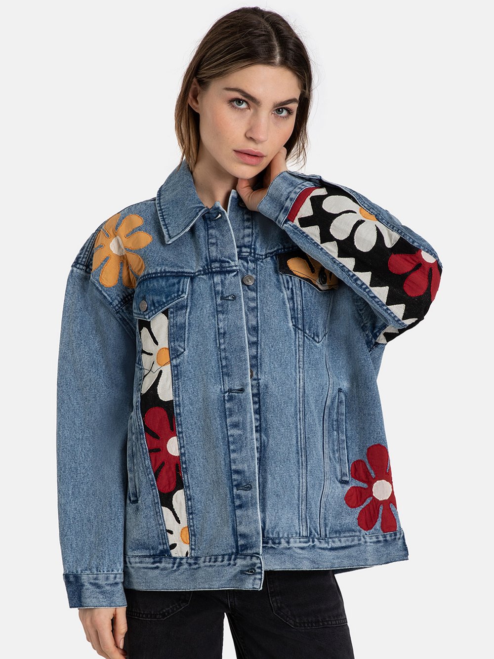 Free People Jeansjacke Damen Baumwolle blau gemustert, M