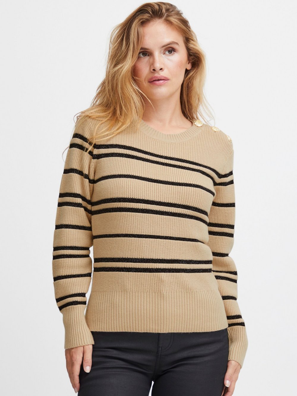 PULZ Jeans Strickpullover Damen Viskose beige gestreift, L