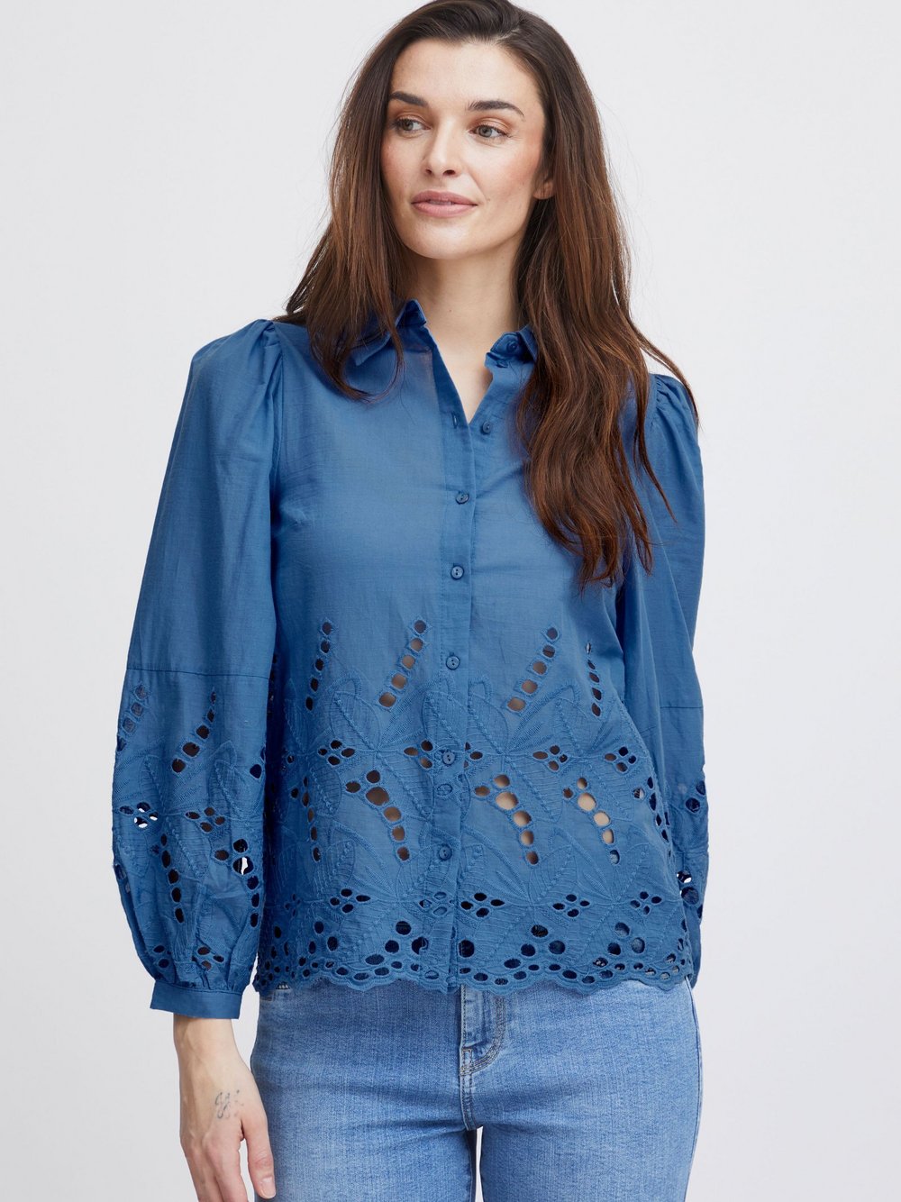 PULZ Jeans Bluse Damen Baumwolle blau gemustert, S