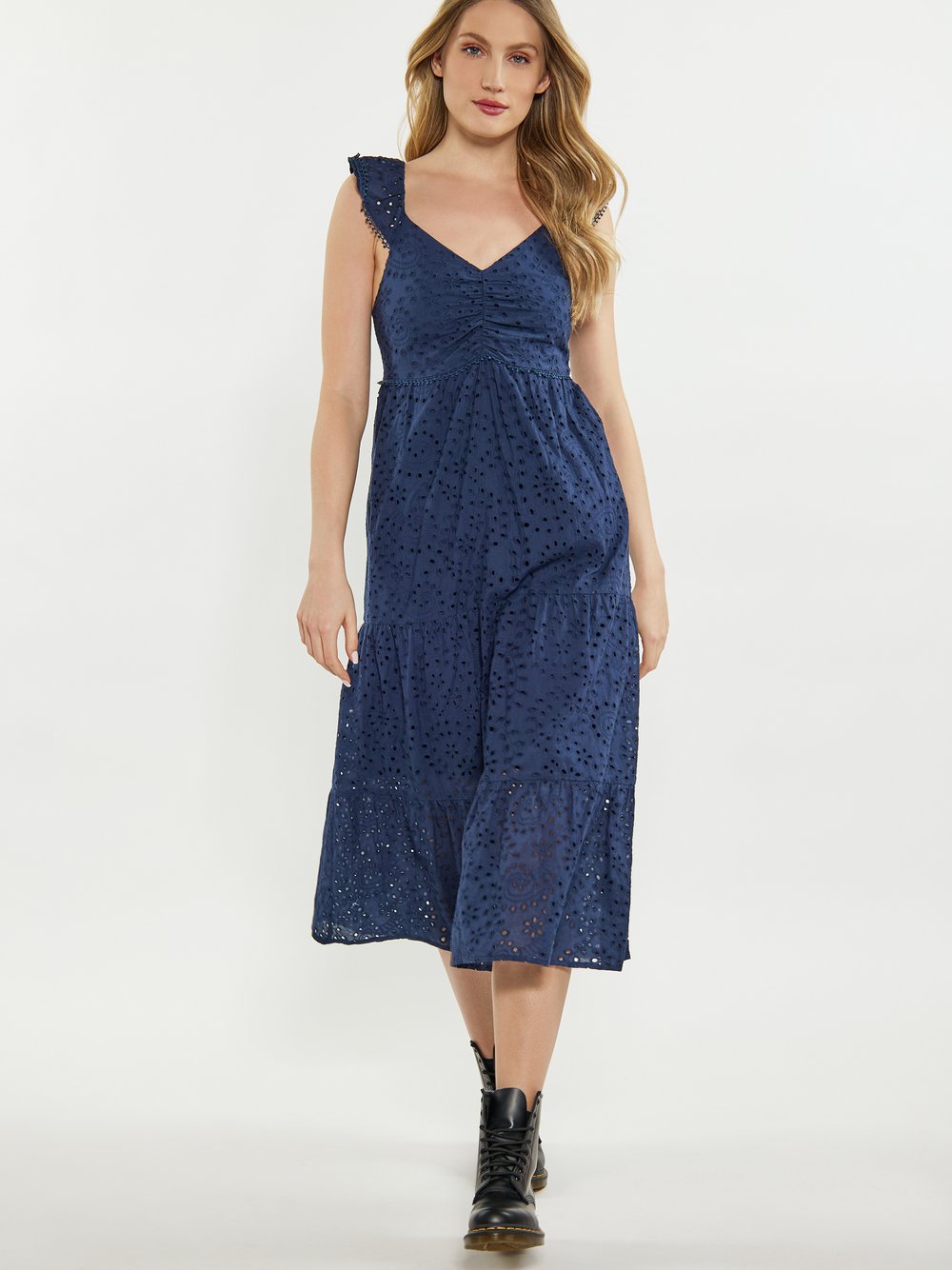 Dreimaster Kleid Damen Baumwolle blau gemustert, XS