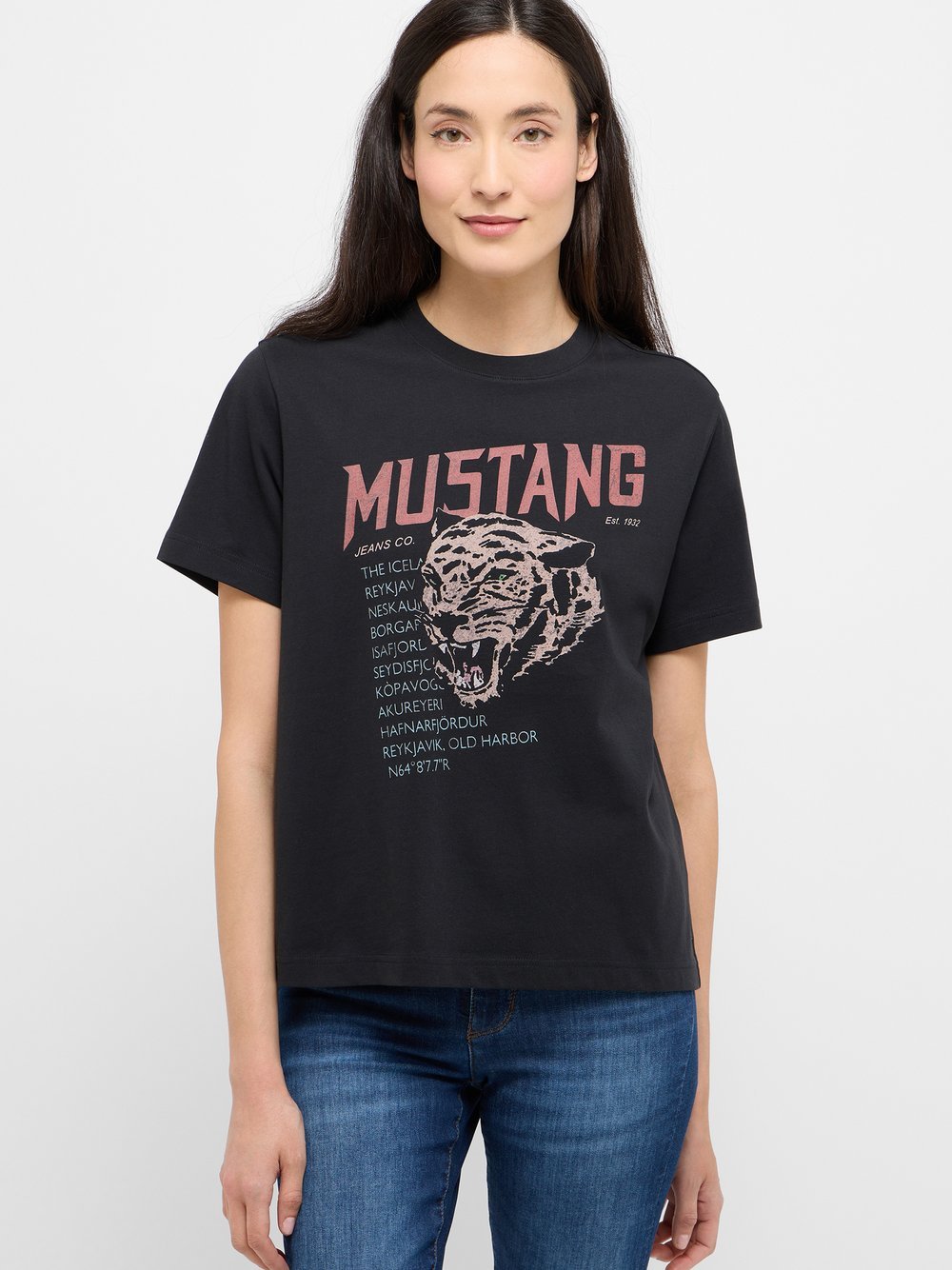 Mustang T-Shirt Damen Baumwolle schwarz bedruckt, XXS