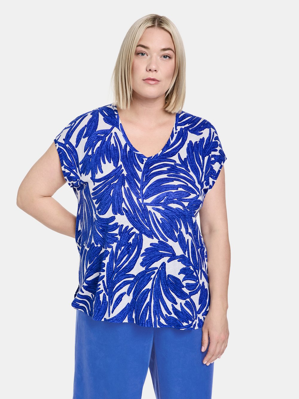 Samoon Kurzarmshirt Damen Leinen blau gemustert, 42