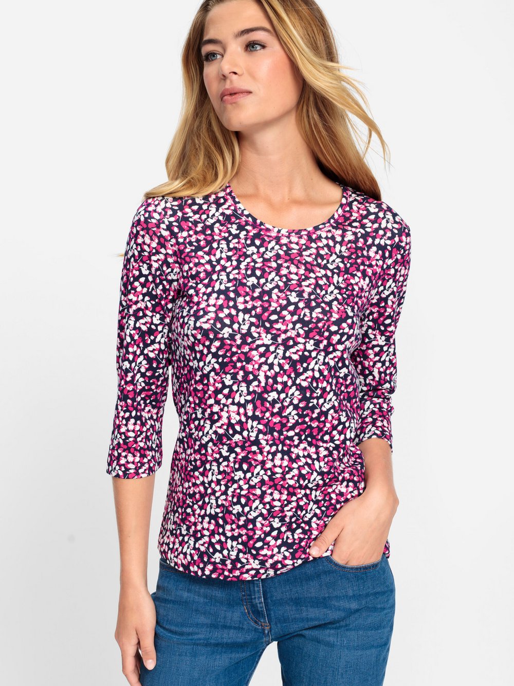 Olsen Rundhalsshirt Damen Baumwolle pink gemustert, 42