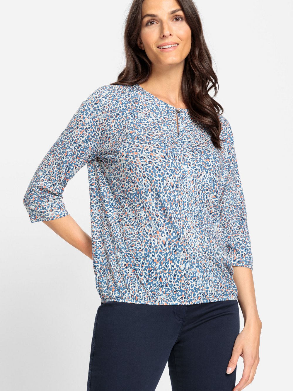 Olsen Rundhalsshirt Damen Baumwolle blau bedruckt, 38