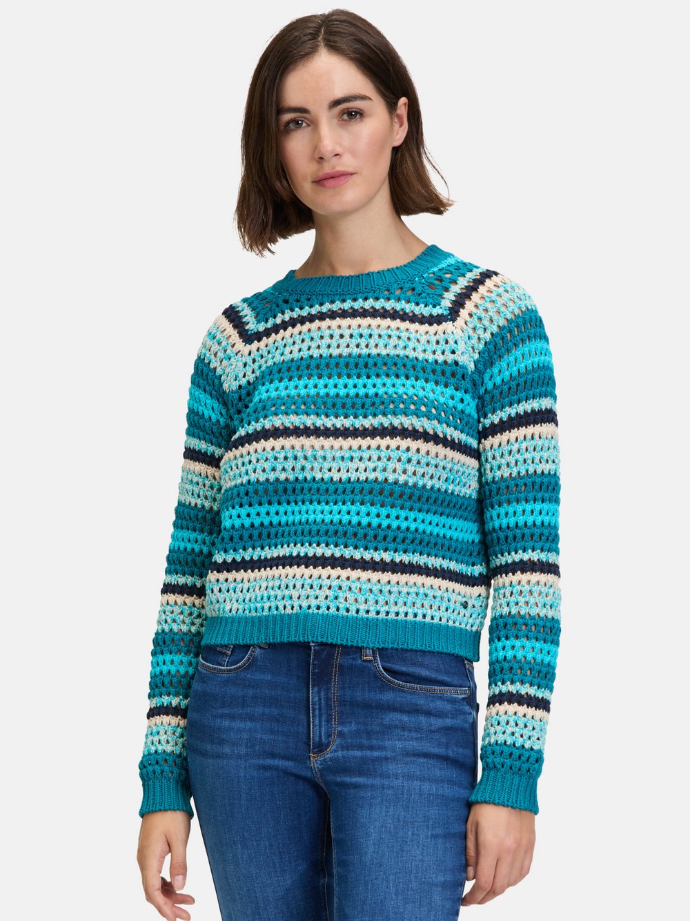 Betty & Co Lochstrick-Pullover Damen Baumwolle blau gestreift, 46