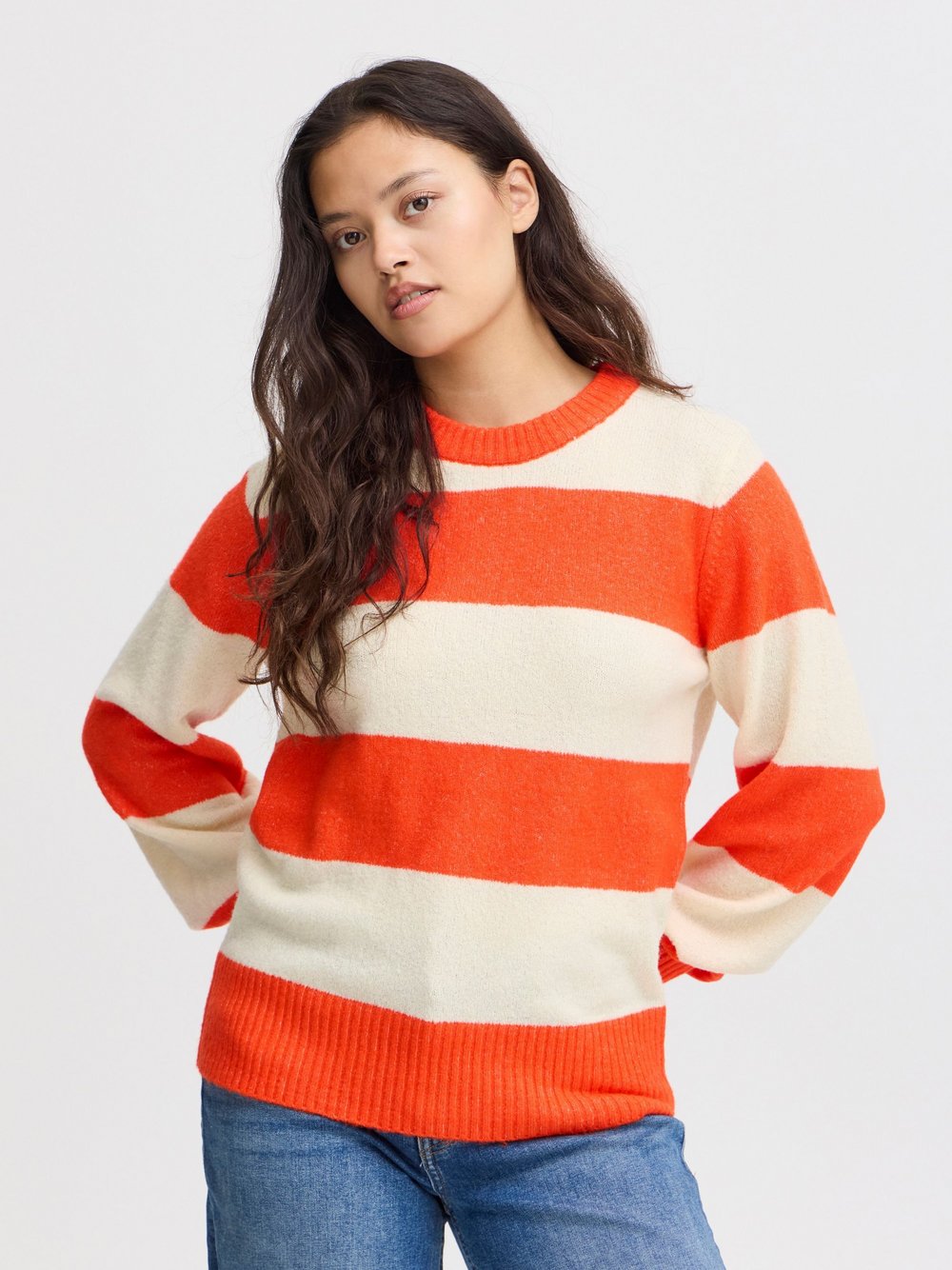 Ichi Strickpullover Damen orange gestreift, L