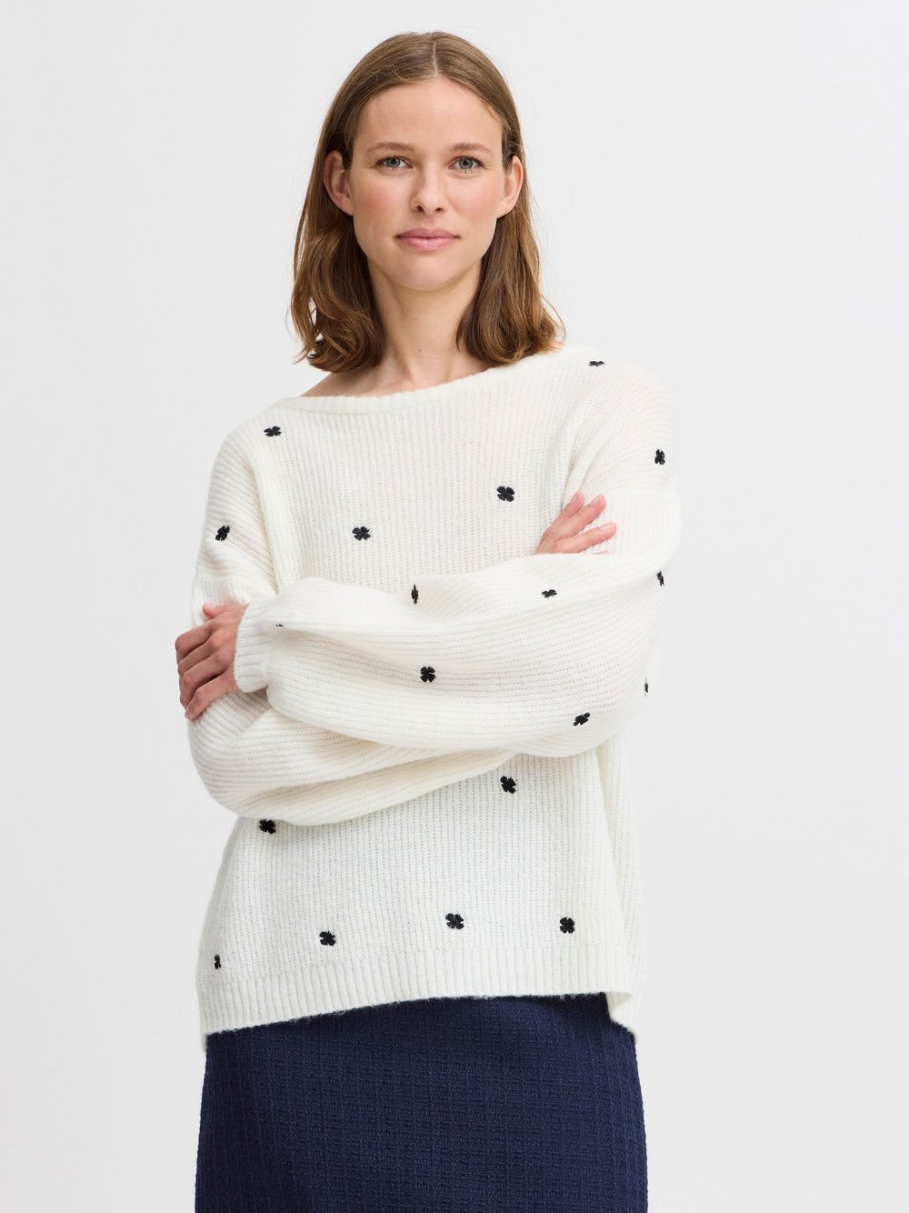 B.Young Strickpullover Damen weiß gepunktet, L