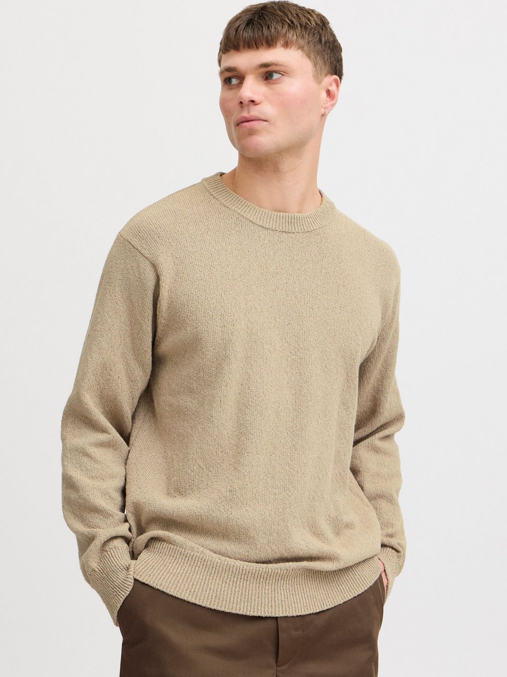 Solid Strickpullover Herren Baumwolle beige meliert, XXL