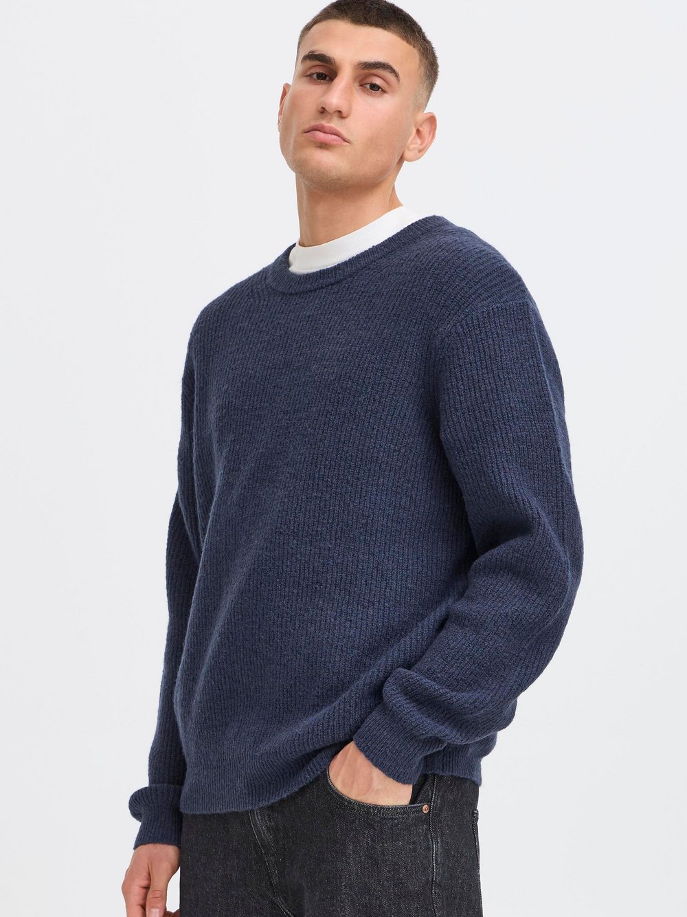 Solid Strickpullover Herren blau meliert, XL