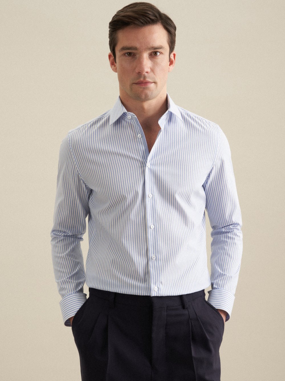 Seidensticker Business Hemd Herren Slim Fit Baumwolle blau gestreift, 43