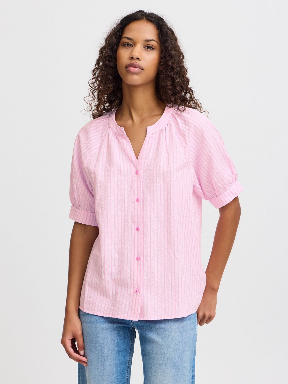 Ichi Kurzarmbluse Damen rosa gestreift, 40