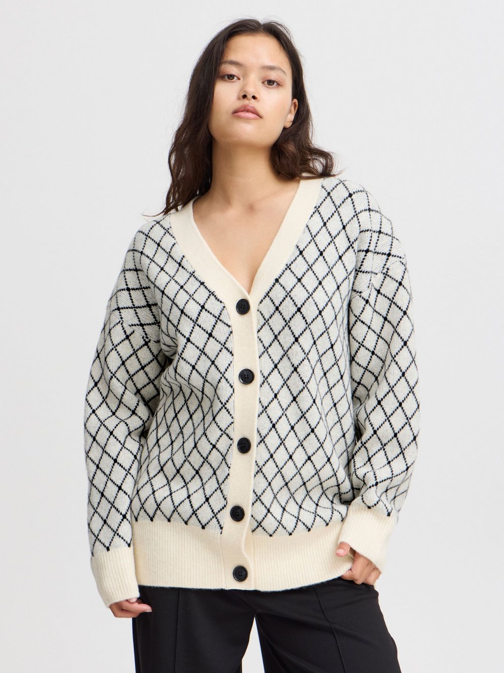 Ichi Strickjacke Damen weiß kariert, XXL