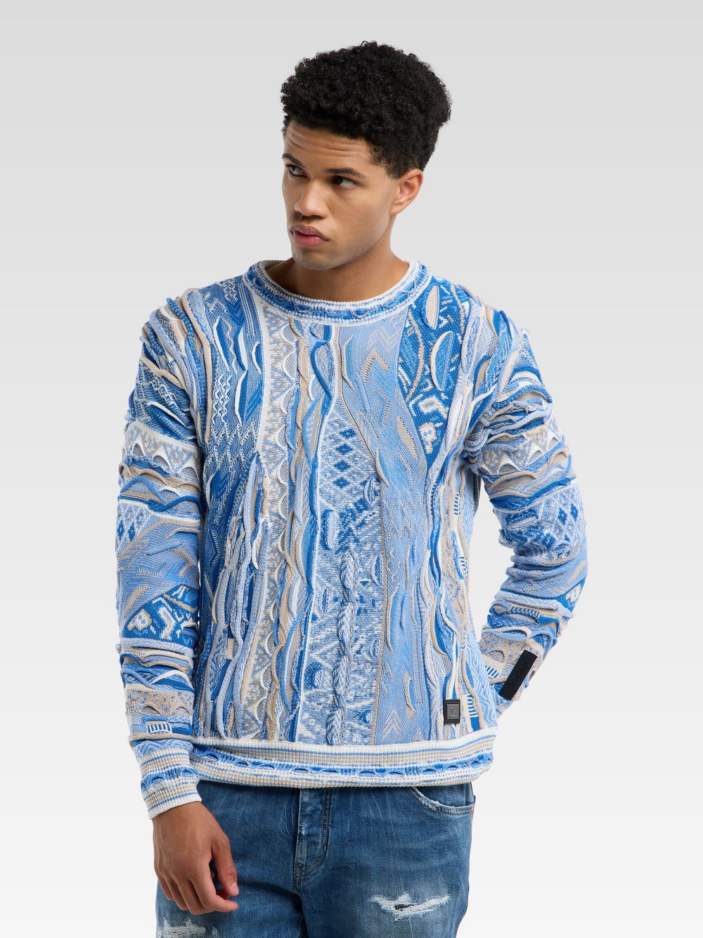 Carlo Colucci Rundhalspullover Herren Baumwolle blau gemustert, XXXL